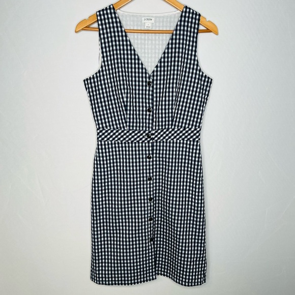 J. Crew Cotton Navy & White Gingham-Print V-Neck Button-Front Dress. Size 2. - Picture 2 of 13